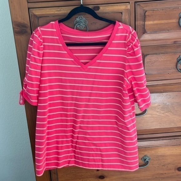 NWOT Talbots Women’s Pink And White Striped V-Neck Tee Size Plus X. - Picture 1 of 6